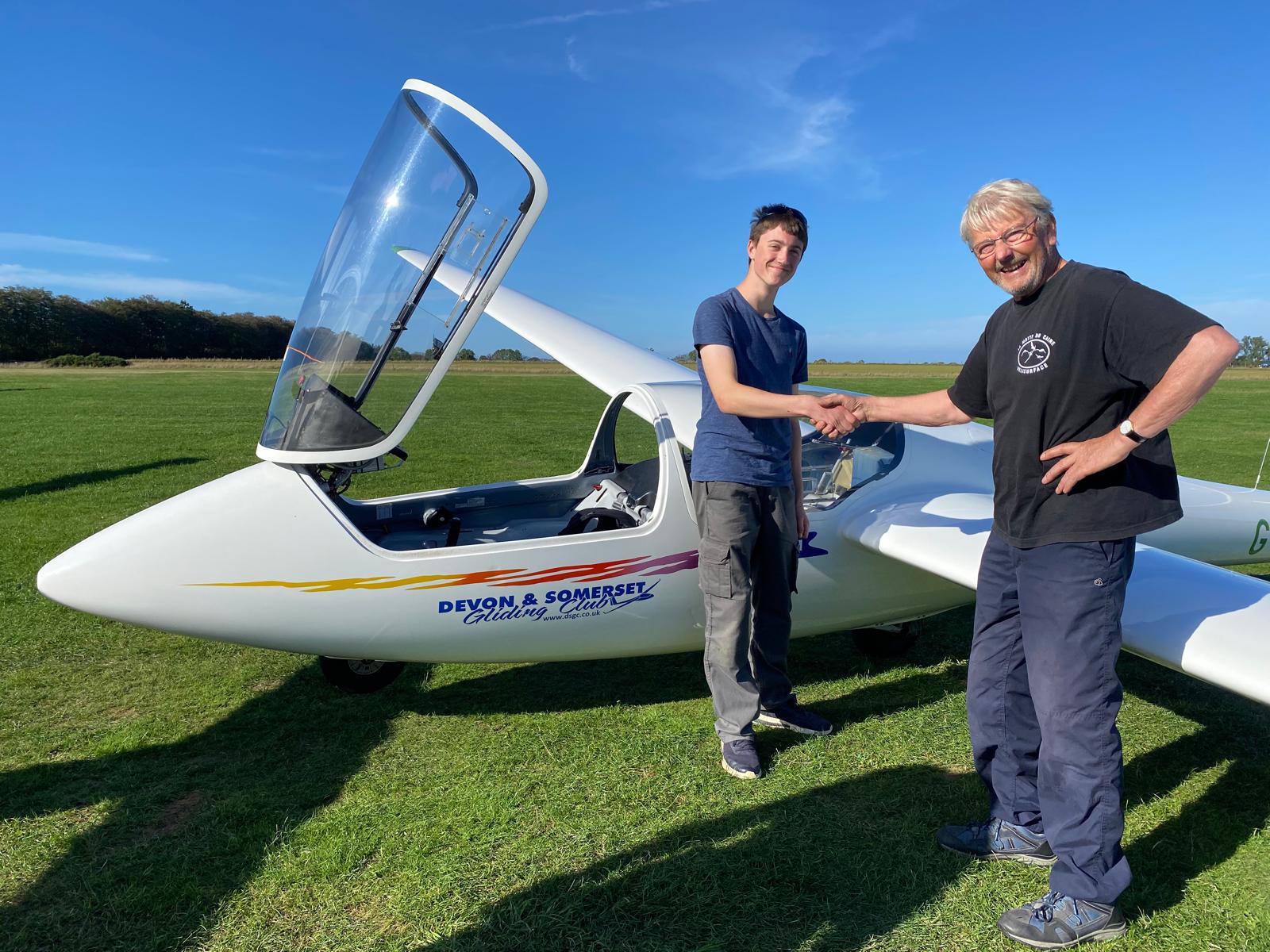 JB congratulates Junior member Arthur Hier on his First Solo (Mike Sloggett)